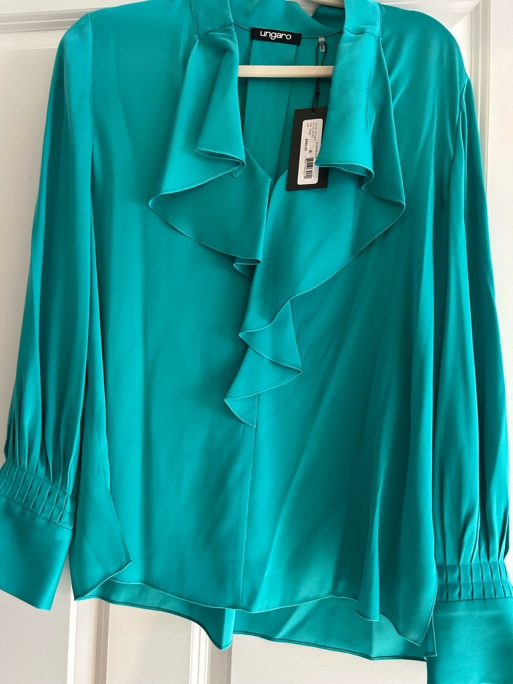 Emanuel Ungaro Teal Ruffle-Front Blouse
